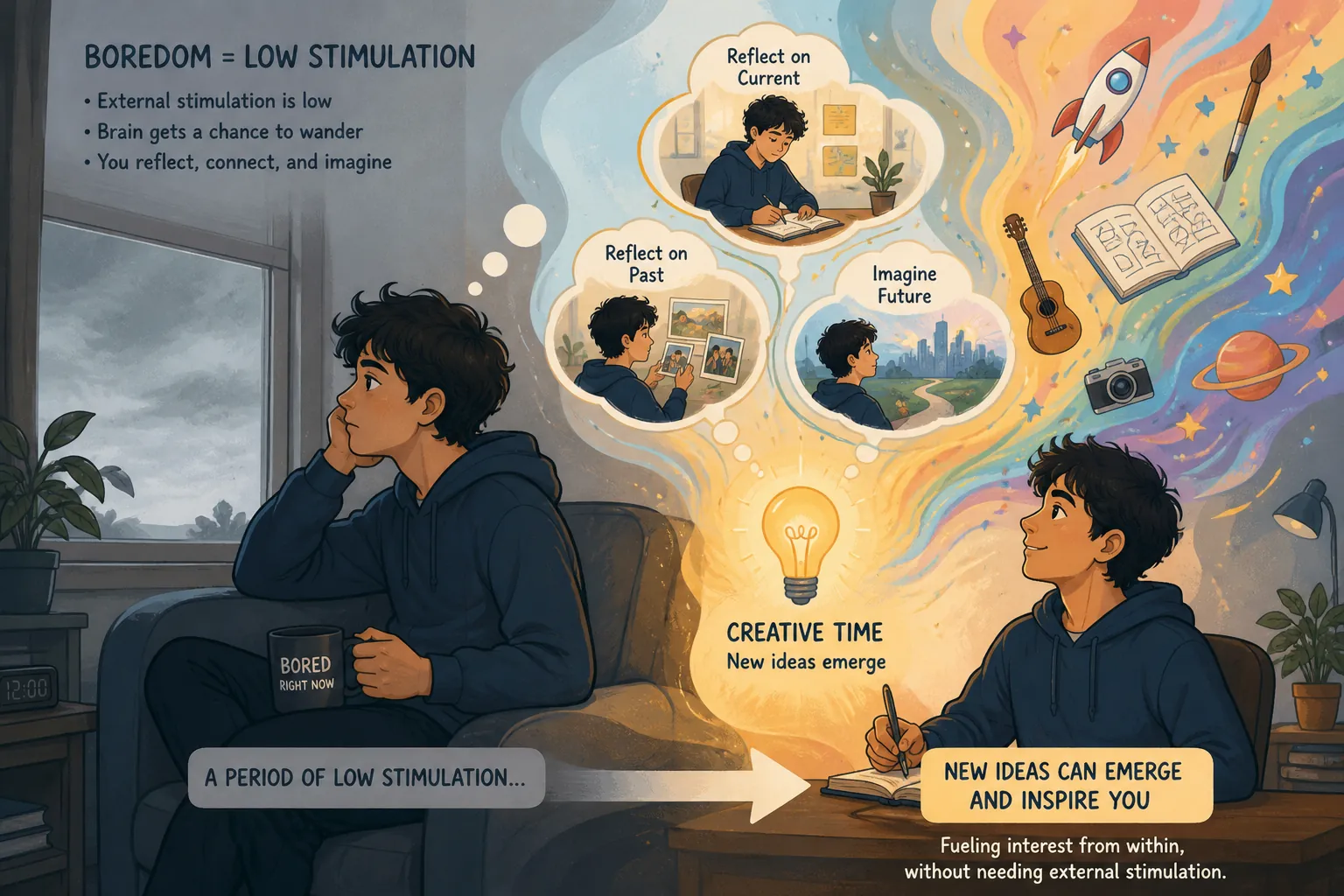 Illustration: a bored person on a couch holding a “bored right now” mug, whose wandering mind reflects on the past, present and future and turns the low-stimulation time into new ideas