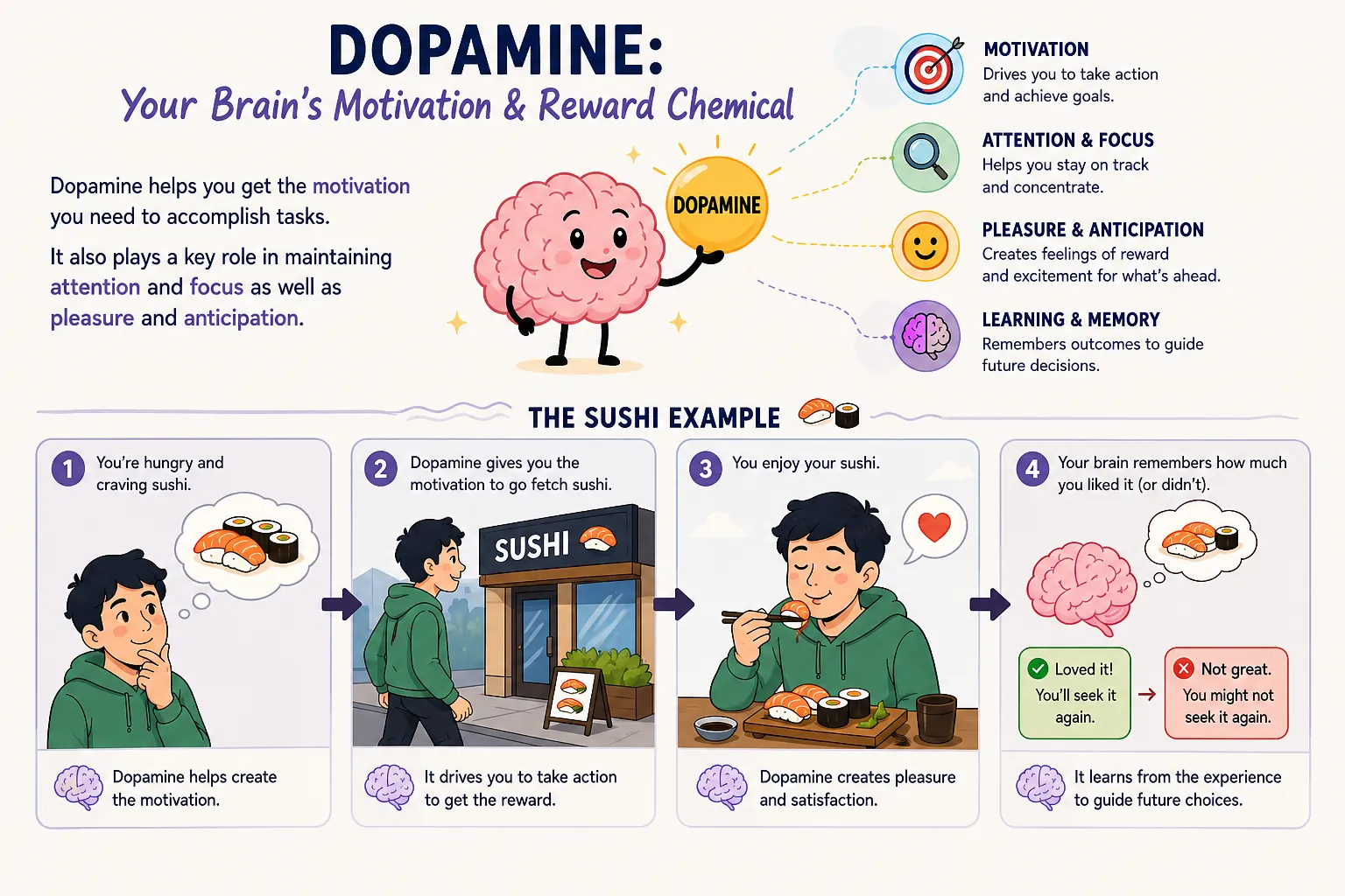 Infographic: dopamine as the brain’s motivation and reward chemical, with a four-step sushi example from craving it to remembering how much you liked it